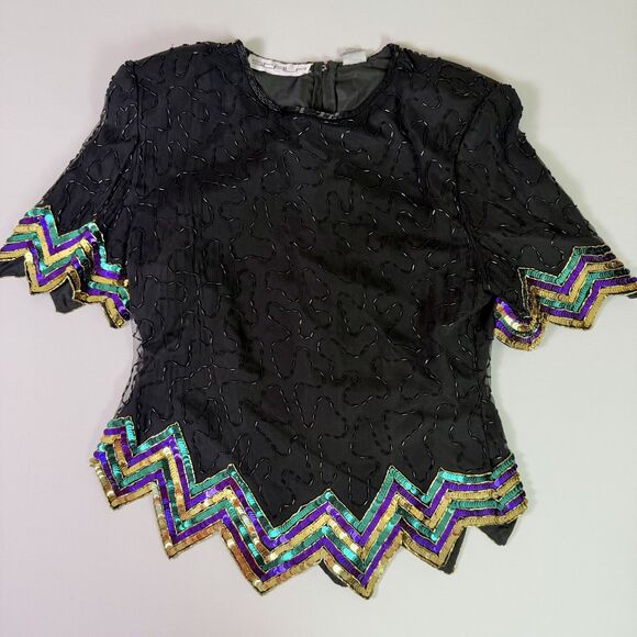 Vintage Scala Silk Beaded Sequin Top Petite Medium Art Deco Glam Flawed Zipper - Picture 2 of 15